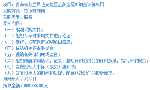 青海省都蘭縣熱龍地區(qū)金多金屬礦調(diào)查評價項(xiàng)目