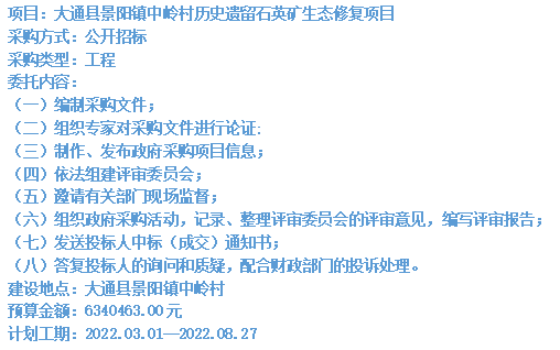 大通縣景陽(yáng)鎮(zhèn)中嶺村歷史遺留石英礦生態(tài)修復(fù)項(xiàng)目